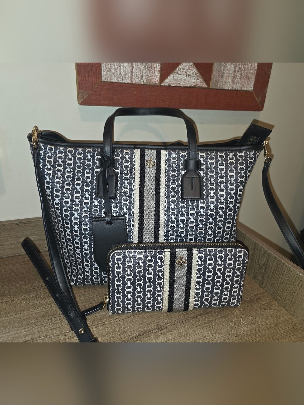 Tory Burch Black and White Patterned Tote with Matching Wallet - Designer Style